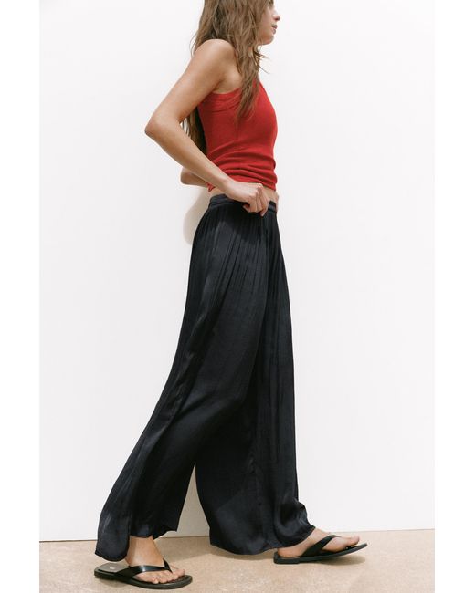 Pull&Bear Black Satin Wide-Leg Trousers