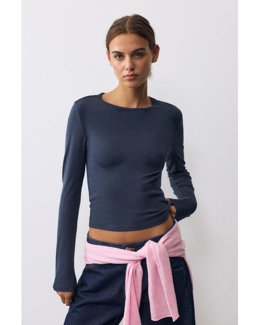 Pull&Bear Blue Fitted Long Sleeve T-Shirt