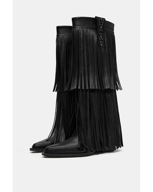 Pull&Bear Black Fringed Cowboy Boots