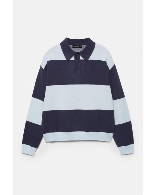 Pull&Bear Blue Paneled Knit Polo Shirt for men