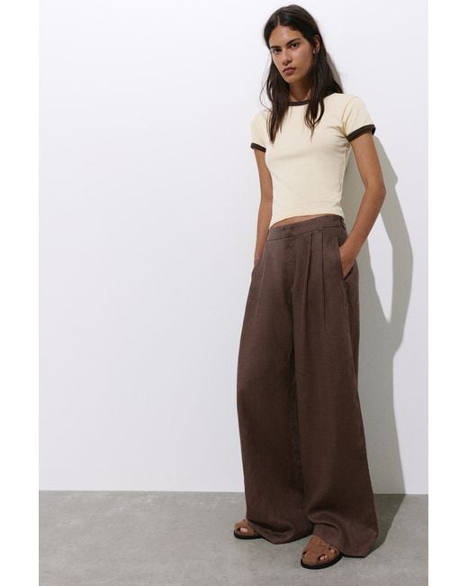 Pull&Bear Brown Wide-Leg 100% Linen Trousers