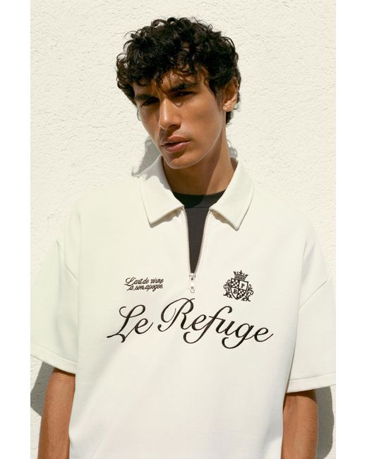 Pull&Bear White Interlock Graphic Zip Polo Shirt for men