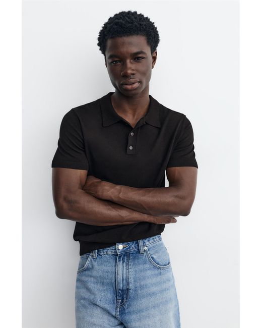Pull&Bear Black Short Sleeve Knit Polo Shirt for men