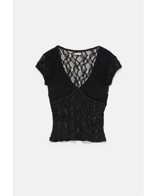Pull&Bear Black Studded Lace T-Shirt