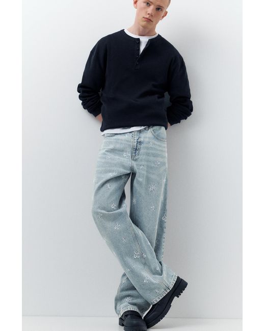 Pull&Bear Gray Stwd Embroidered Baggy Jeans for men