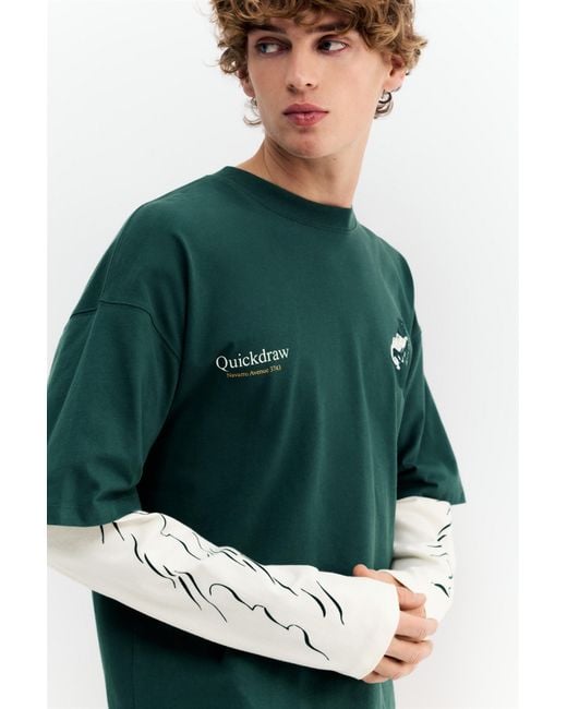 Pull&Bear Green Double Sleeve Graphic T-Shirt for men