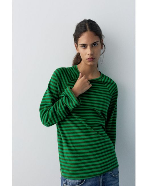 Pull&Bear Green Long Sleeve Striped T-Shirt