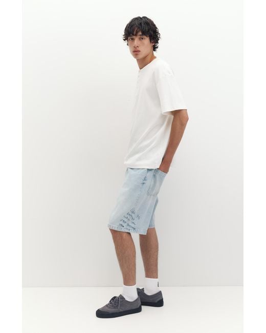 Pull&Bear Blue Embroidered Baggy Denim Bermuda Shorts for men