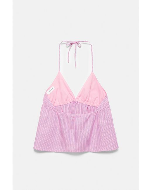 Pull&Bear Gestreepte Haltertop Van Linnenmix in het Blue