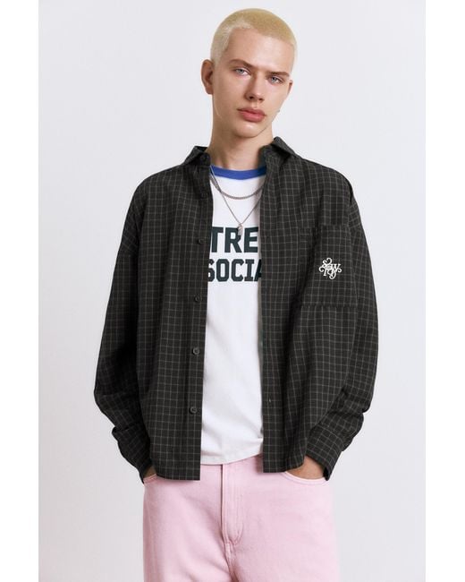 Pull&Bear Black Stwd Embroidered Plaid Shirt for men
