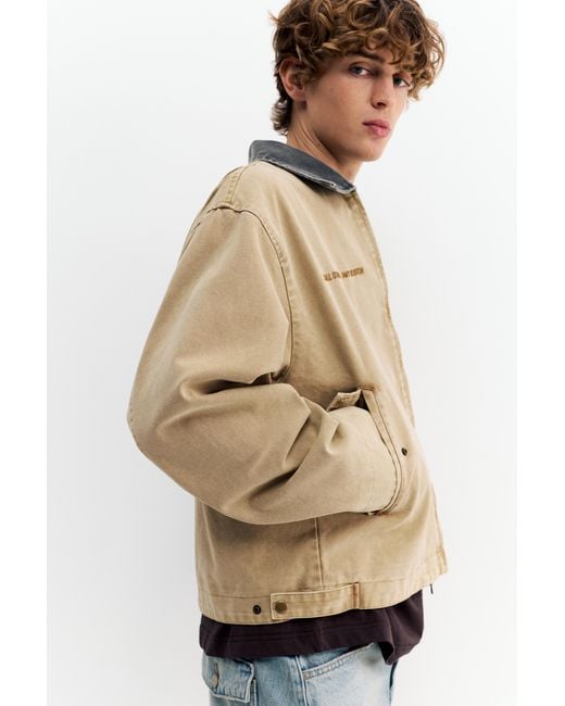 Pull&Bear Natural Contrast Collar Embroidered Jacket for men