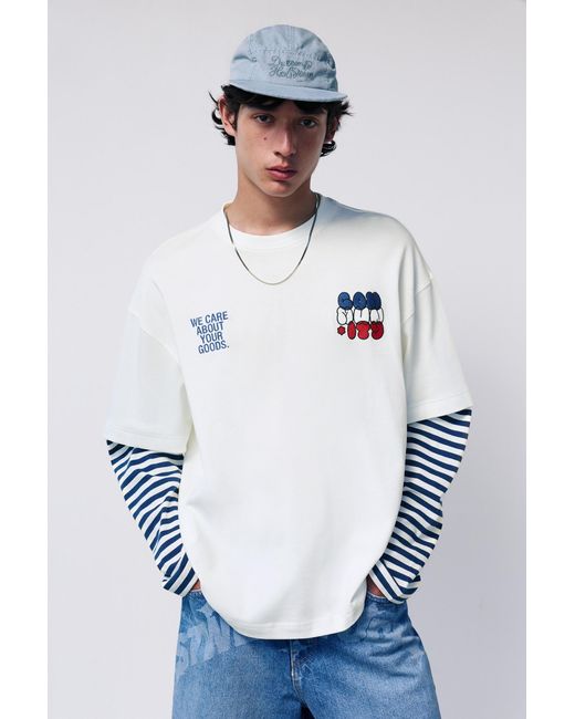 Pull&Bear Blue Stwd Double Sleeve Striped T-Shirt for men