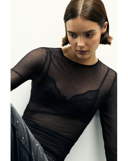 Pull&Bear Black Rhinestone Tulle Top