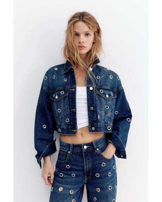 Pull&Bear Denim Jack Met Eyelets in het Blue