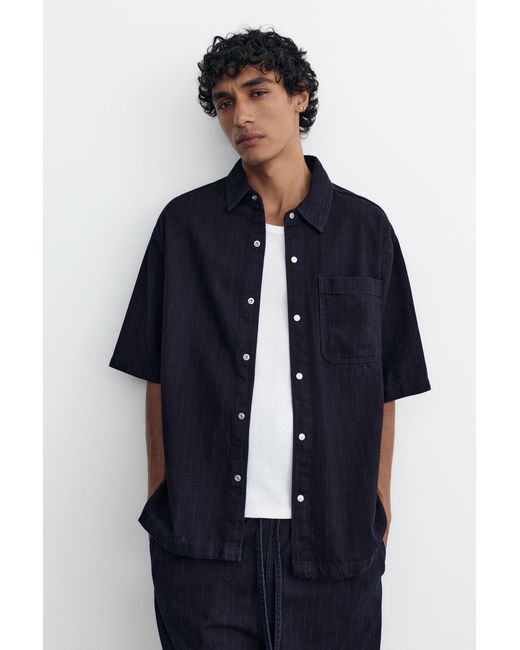 Pull&Bear Black Short Sleeve Striped Denim Shirt for men