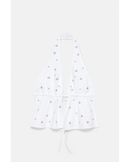 Pull&Bear Denim Haltertop Met Eyelets in het Natural