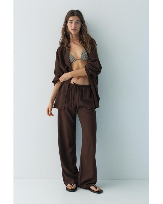 Pull&Bear Brown Flowing Trousers With Linen