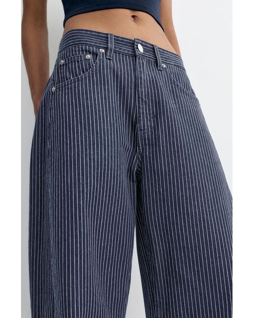 Pull&Bear Blue Striped Balloon Jeans With Seams