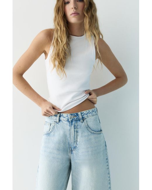 Pull&Bear Blue Embroidered Barrel Jeans