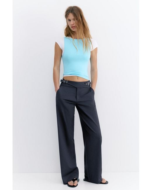 Pull&Bear Blue Barrel Trousers With Buckles