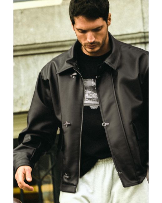 Pull&Bear Black Leather Effect Toggle Jacket for men