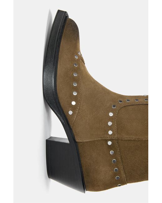 Pull&Bear Brown Studded Leather Cowboy Boots