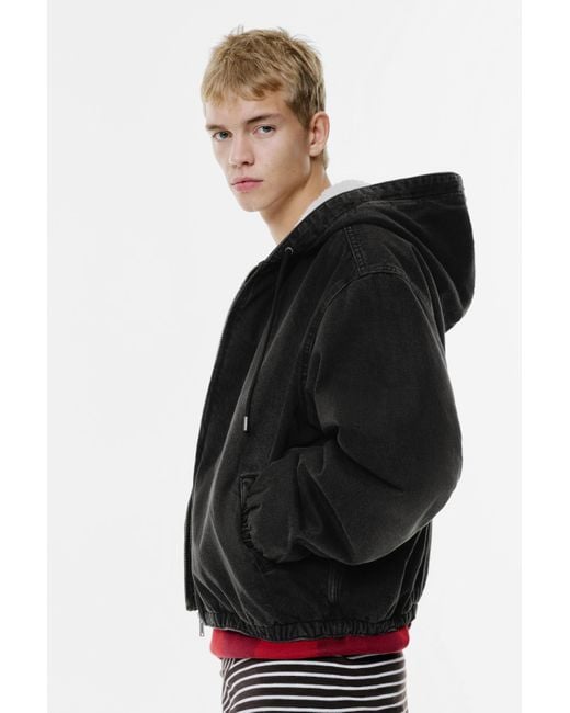 Pull&Bear Black Denim Jacket With Hood, Zip And Fur Lining for men