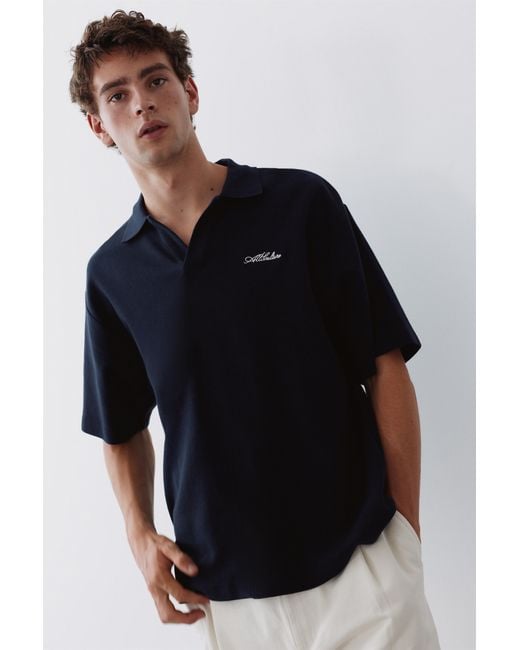 Pull&Bear Black Short Sleeve Waffle-Knit Polo Shirt for men