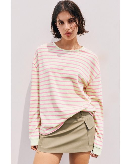 Pull&Bear Pink Oversize Long Sleeve Striped T-Shirt