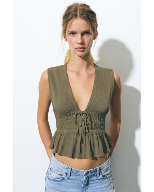 Pull&Bear Green Crepe Top With Ties