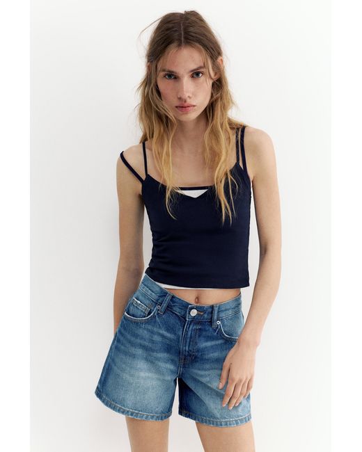 Pull&Bear Blue Mid-Waist Denim Bermuda Shorts