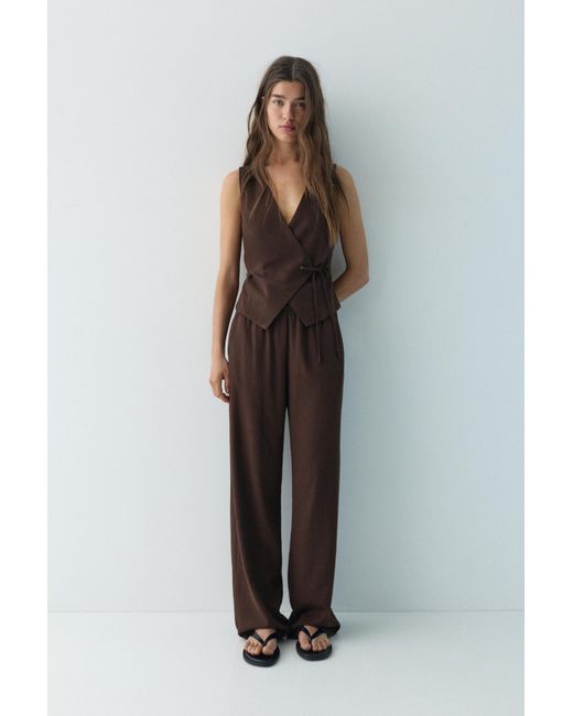 Pull&Bear Brown Rustic Linen-Blend Waistcoat