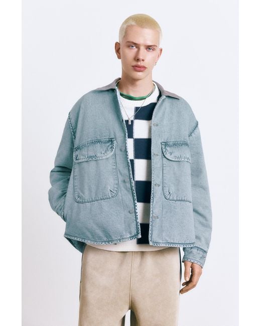 Pull&Bear Blue Denim Jacket With Contrast Collar for men