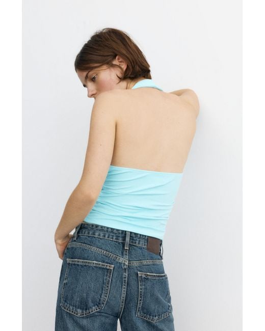 Pull&Bear Haltertop Met Plooien in het Blue