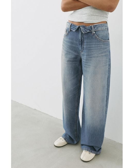 Pull&Bear Blue Relaxed Baggy Jeans With Turned-Down Waist