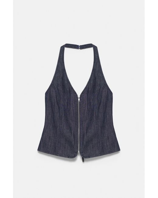 Pull&Bear Brown Denim Halter Top With Zip