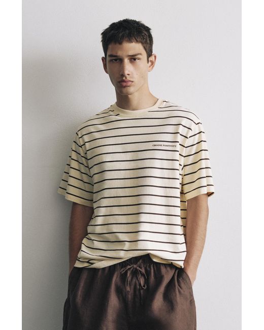 Pull&Bear Natural Striped Slogan T-Shirt for men