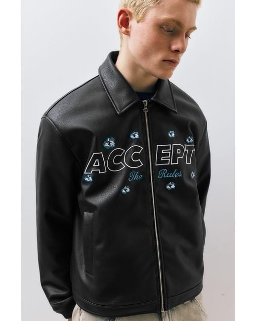 Pull&Bear Black Faux Leather Flower Jacket for men