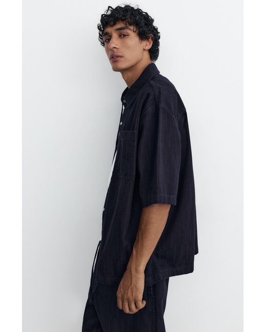 Pull&Bear Black Short Sleeve Striped Denim Shirt for men