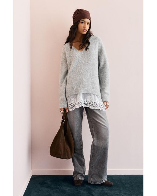 Pull&Bear Gray Contrast Lace Hem Jumper