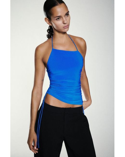Pull&Bear Blue Asymmetric Halter Top With Gathered Detail