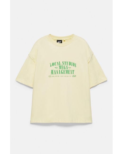 Pull&Bear Natural Cropped Stwd Graphic T-Shirt for men