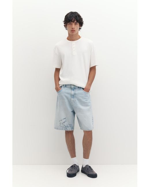 Pull&Bear Blue Embroidered Baggy Denim Bermuda Shorts for men