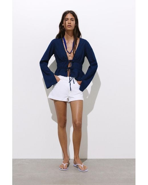 Pull&Bear Blue Denim Blouse With Ties