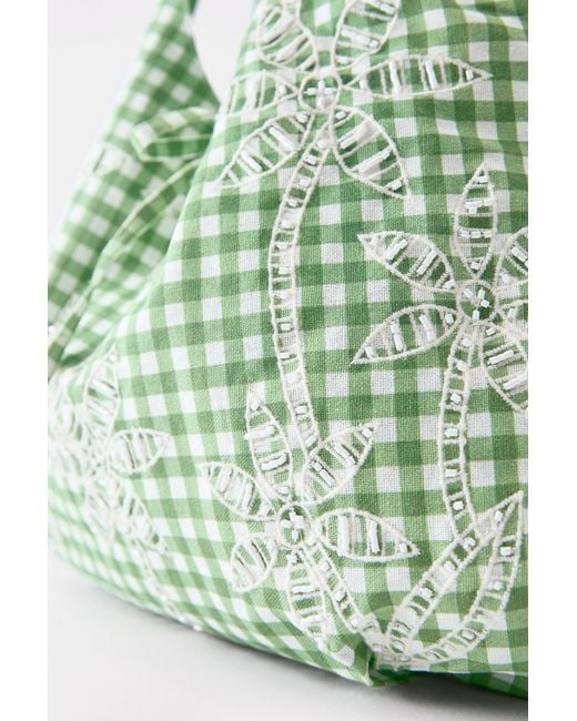 Pull&Bear Green Gingham Palm Print Tote Bag