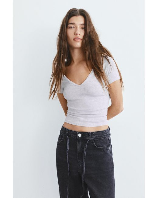 Pull&Bear White V-Neck T-Shirt