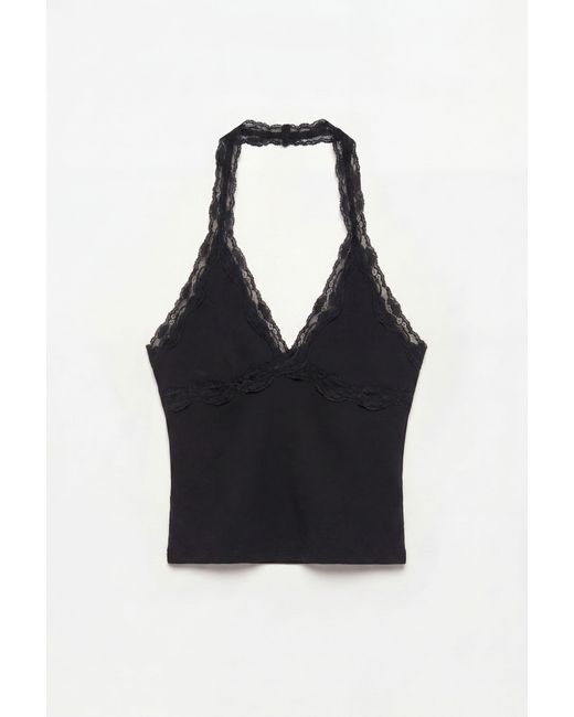 Pull&Bear Black Lace-Trim Halter Top