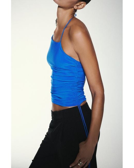 Pull&Bear Blue Asymmetric Halter Top With Gathered Detail