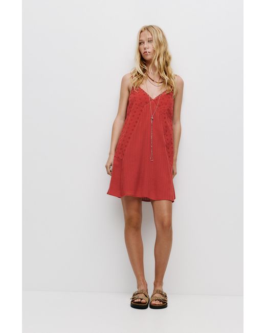 Pull&Bear Red Short Patchwork Dress With Embroidery