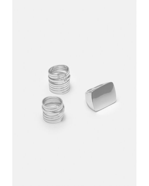 Pull&Bear White Pack Of 3 Metallic Rings